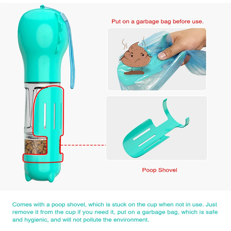 Portable Dog/Cat Water Bottle Food (Feeder Drinker Poop Dispenser 4 In 1)