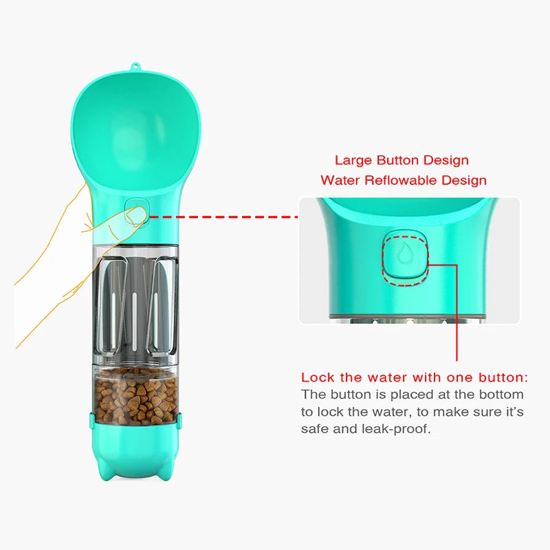 Portable Dog/Cat Water Bottle Food (Feeder Drinker Poop Dispenser 4 In 1)